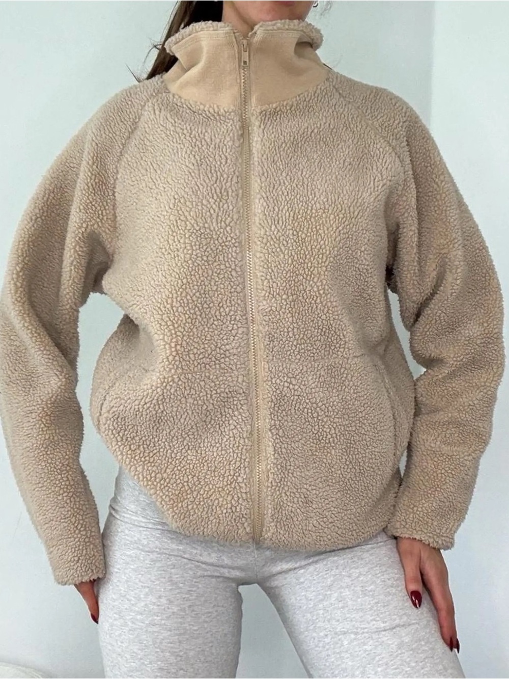 Brandy Melville John Galt Teddy Beige Sherpa Zip-Up Jacket